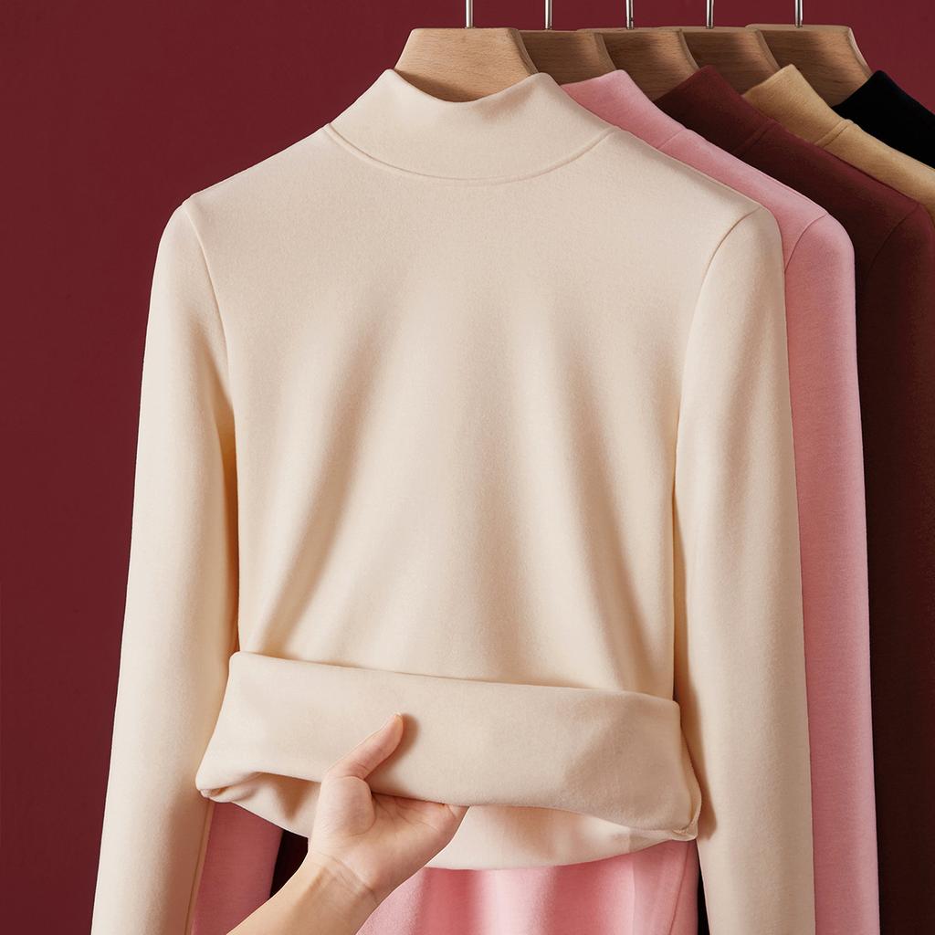 Semi-turtleneck silk thermal underwear women's top, piled and thickened inside, including wool bottoming shirt, heating autumn clothes winter