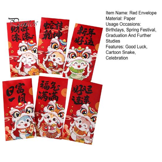 6 buc. Plicuri roșii Anul șarpelui 2025 Anul Nou Chinezesc Geanta cu bani norocos Buzunar roșu cu zodiac din desene animate pentru sărbătoarea Festivalului de primăvară