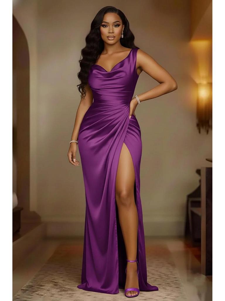 Elegante Avondjurk met één schouder en split - Slim Fit, Effen Kleur, Zomer Mode voor Dames