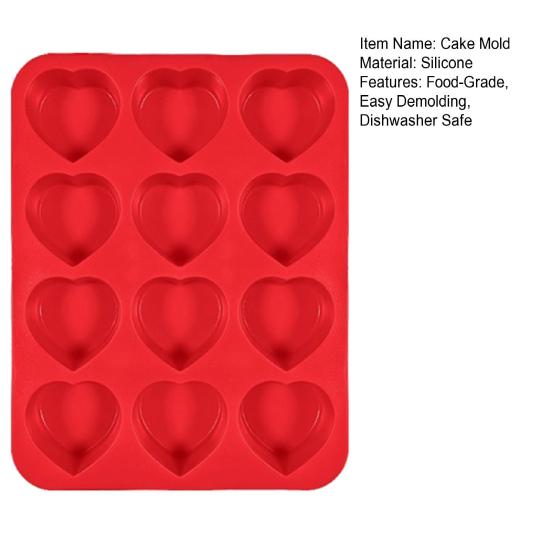 Silicone Muffin Pan 12-Cup Heart Cupcake Pan Non-stick Cake Mold Food-Grade Baking Mold for Cupcakes Chocolates Easy Demolding