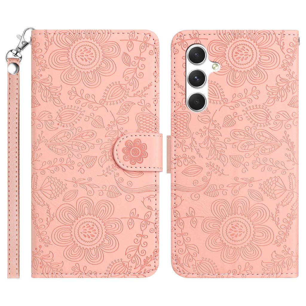 For Samsung Galaxy S26+ Case Flower Imprint Leather Flip Wallet Phone Cover with Wrist Strap