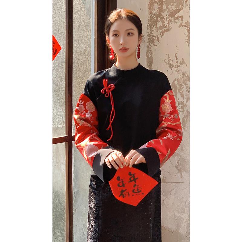 JK&JS Women's New Chinese Style Jacquard Round Neck Sweatshirt