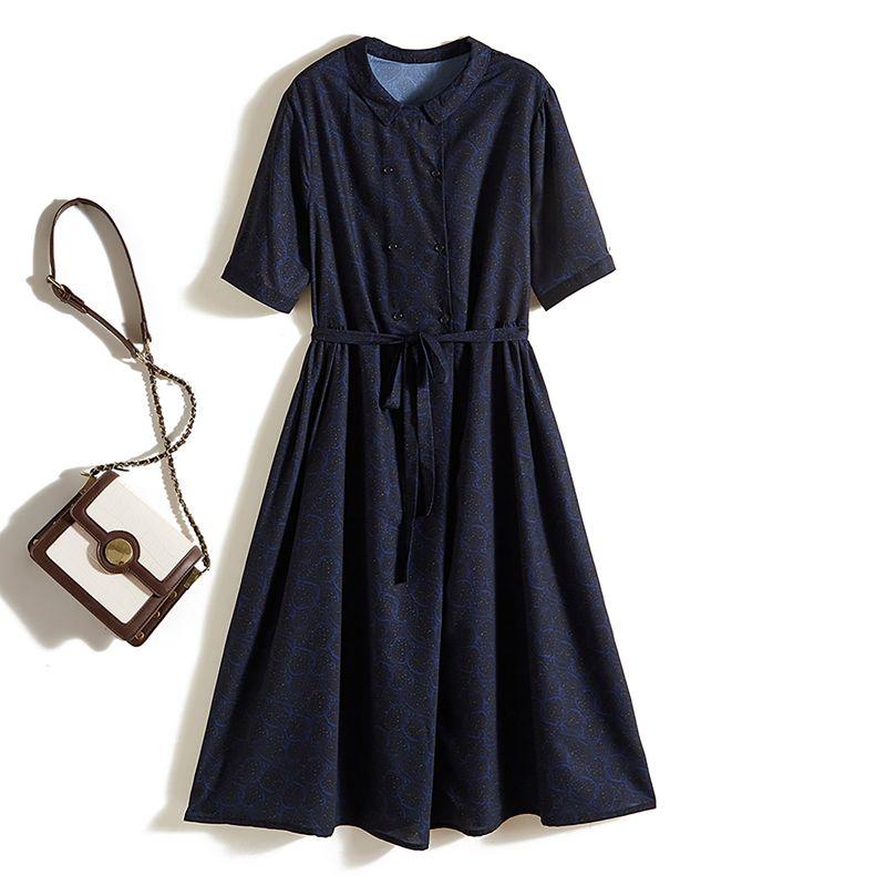 

Elegant Regardless of Age! Women Small Lapel Light Polyester Cotton Scattered over the Knee Length Dress Summer Date Travel Skirt Dark Blue 4XL