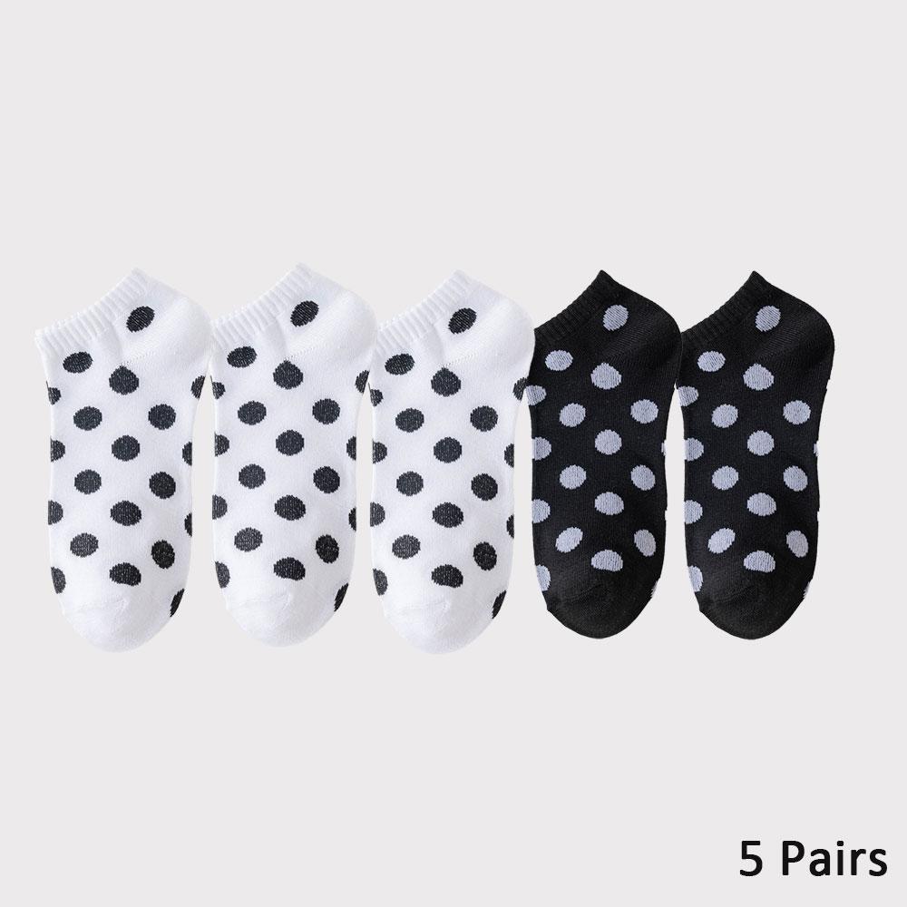 5 Pairs Y2K Polka Dot Women's Ankle Socks Kawaii Cotton Breathable Short Socks White/Black/Purple/Pink (Multi-Color)