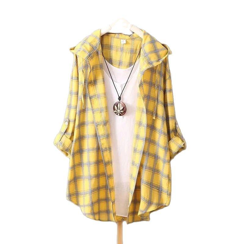 Mode Sonnenschutz Kapuzen Baumwolle Damen Karohemd Hochwertiger Lockerer Mantel Hemd Damen