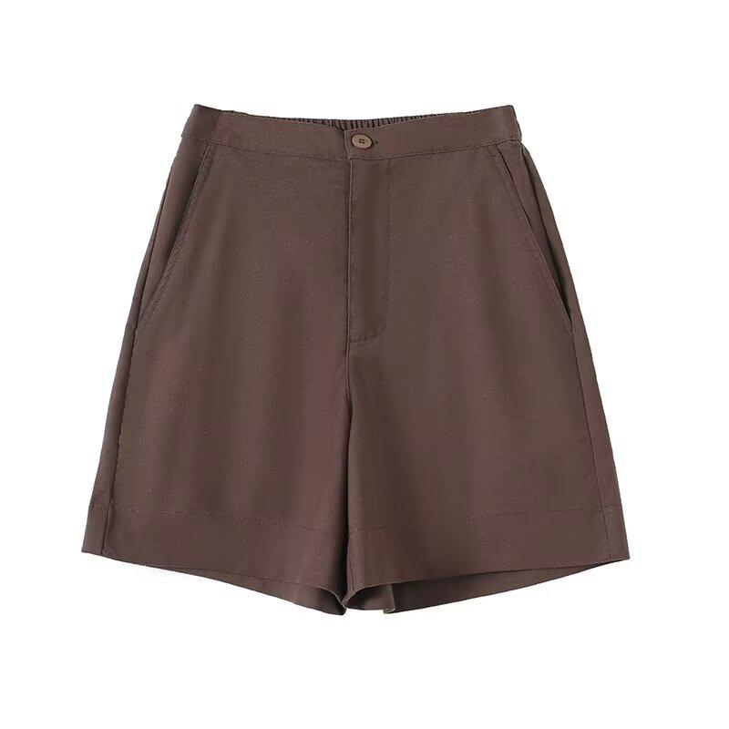 European and American style new women s fashion, stylish urban commuter style versatile straight-leg linen casual shorts S коричневый