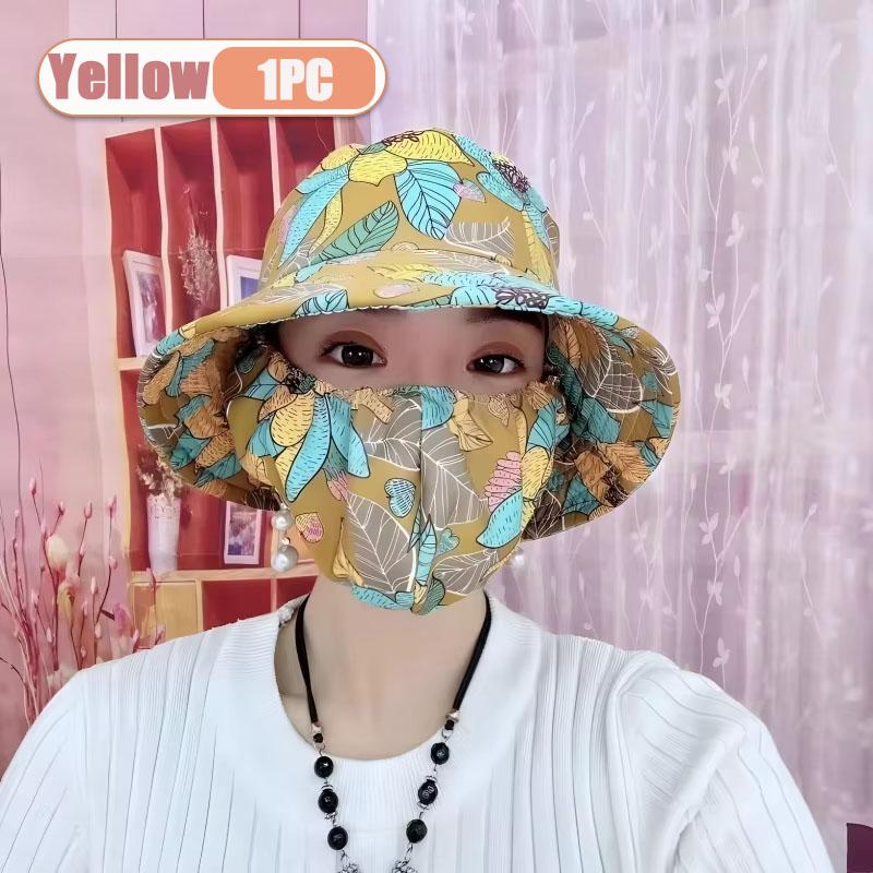 

1-2PCS Women‘s Sun Hat with Face Mask Floral Leaf Pattern Wide Brim UV Protection for Outdoor Hiking Gardening Beach