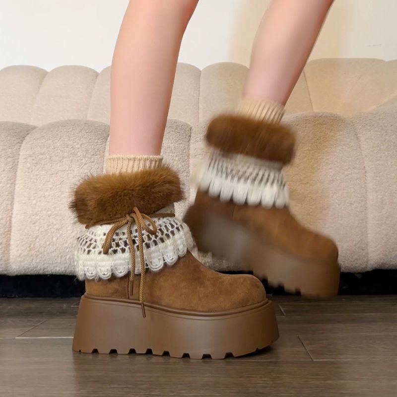 Women's thick-soled winter fur one foot stirrup lightweight warm anti cold padded snow boots non-slip wear casual sneakers cotton boots