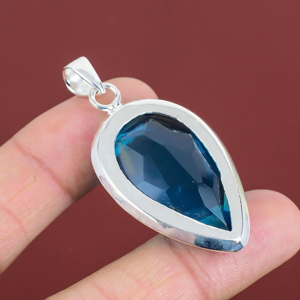 Faceted Swiss Blue Topaz Pendant Gemstone Pendant Handmade Jewelry 925 Sterling Silver Pendant Dainty Pendant Gift For Dad Statement Jewelry