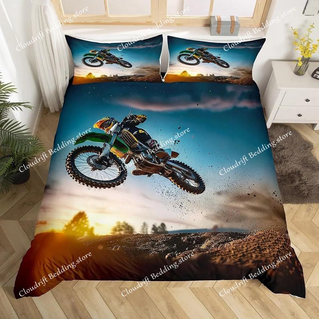Dirt Bike Comforter Cover, Sports Biker Motocross Racing Theme Duvet Cover Set For Teen Boys Decorative Bedding Sets