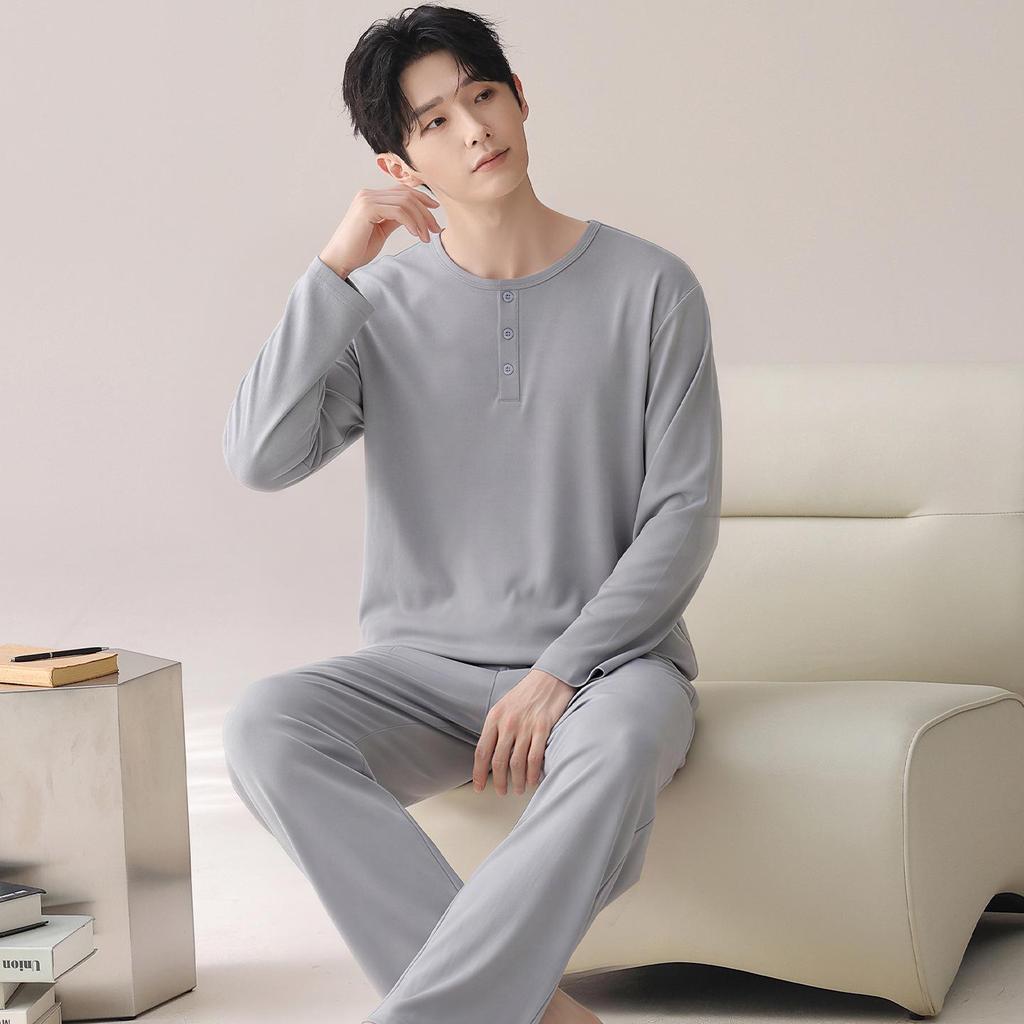 2026 Spring Men's Pure Cotton Casual Pajamas - Solid Color, Round Neck, Indoor/Outdoor Wear