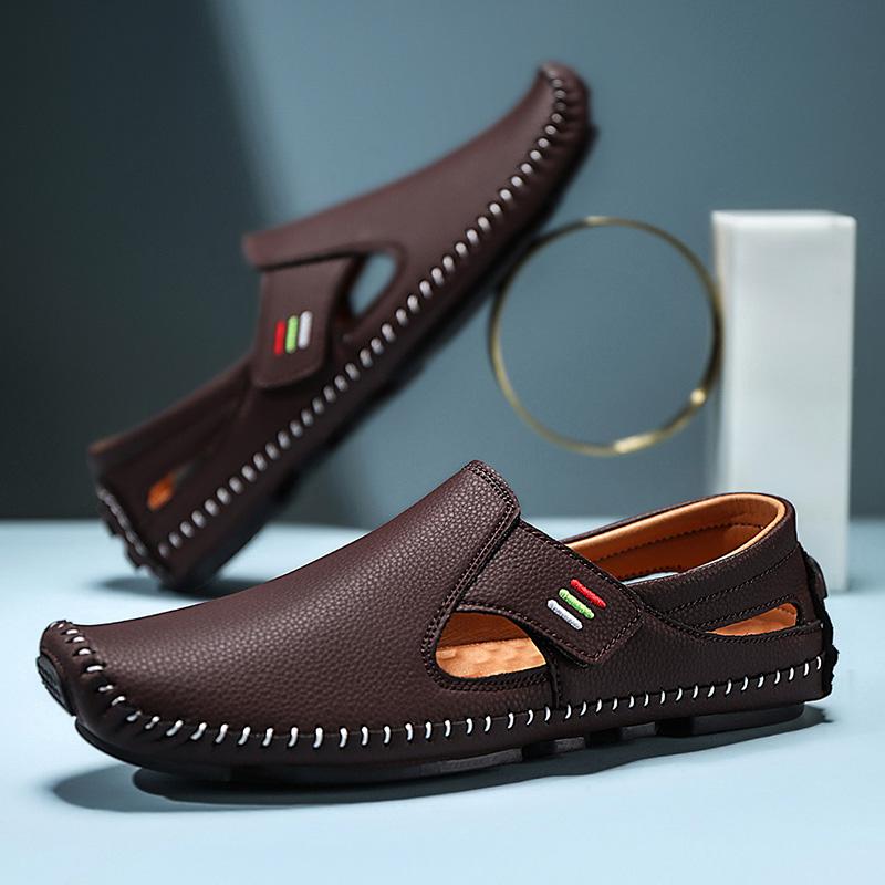 2025 Male Walking Shoes Casual Men Beach Sandals Roman Style Mens Sandals Summer Leather Shoes for Beach Outdoor Hollow Out