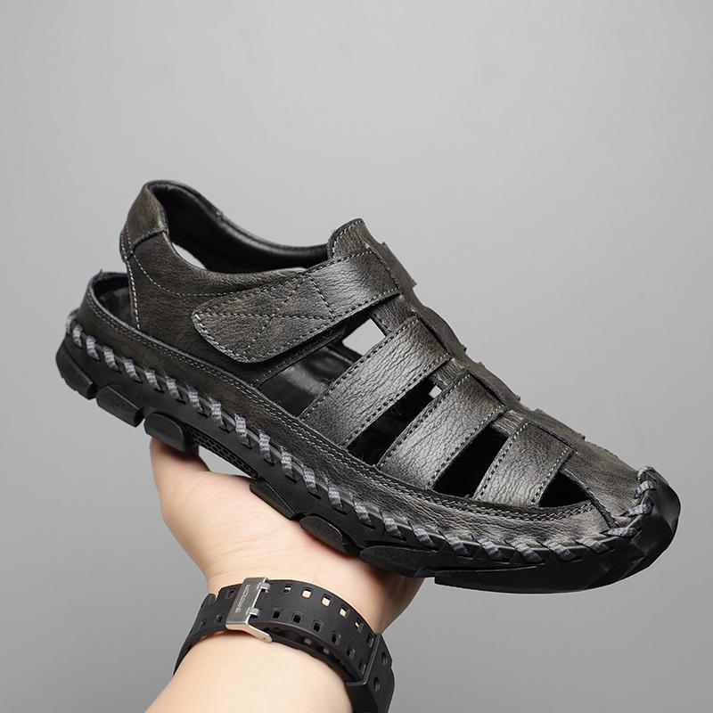 Summer Men's Leather Shoes Male Sandals Handmade Hollow Flats Quick Dry Wading Shoes