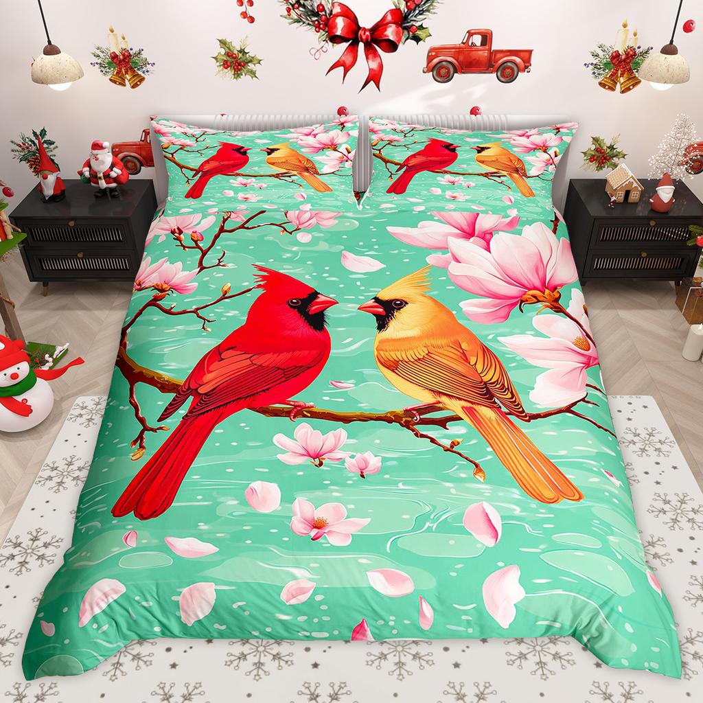 Homewish Wild Cardinal Bird Duvet Cover Set Merry Christmas Xmas Bed Set Snow Cherry Blossoms Quilt Cover Set