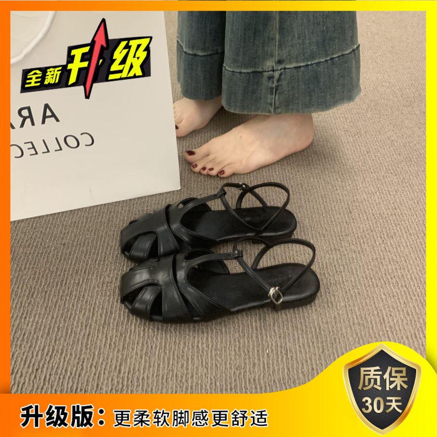 

Retro Mori woven baotou sandals women s summer 2025 new hollow round head pig cage shoes flat Roman shoes 40 чёрный
