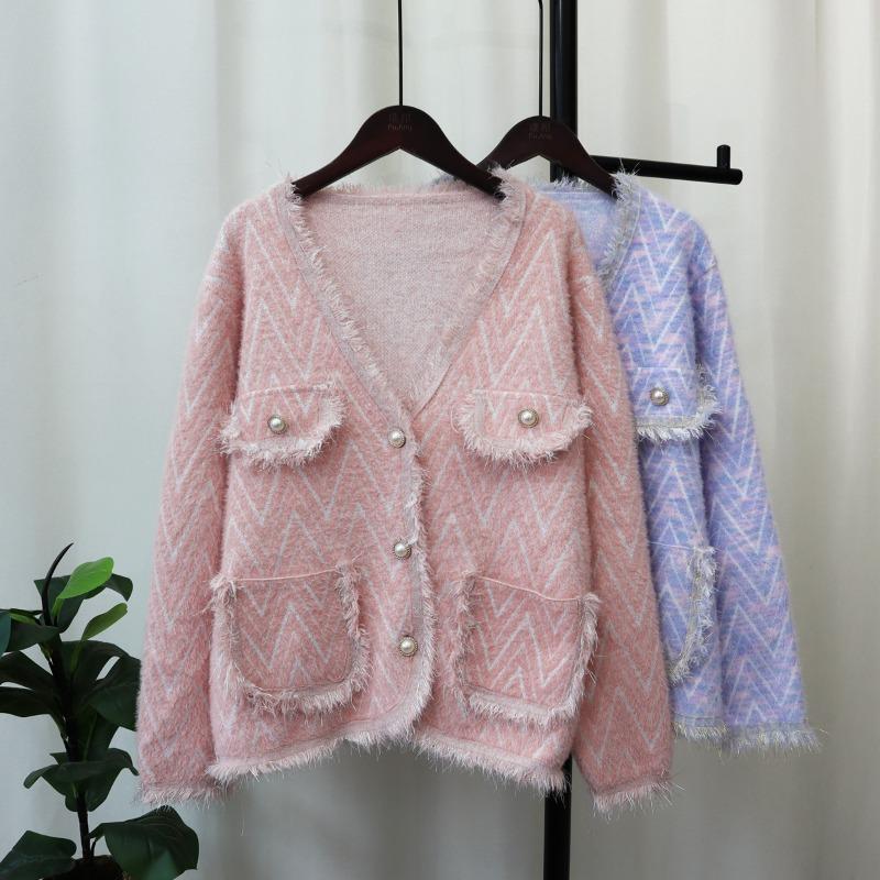 Imitation Mink Velvet Knitted Cardigan Women's Autumn and Winter Loose Retro Niche Sweater Jacket Retro Style