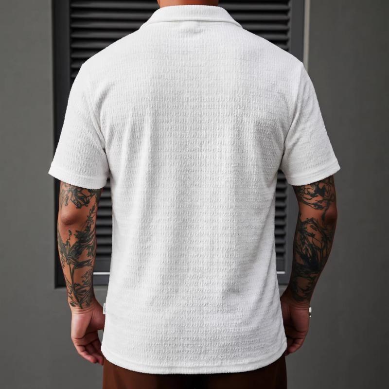 Camisa Jacquard Casual para Hombre con Cuello de Solapa de Manga Corta y Botones