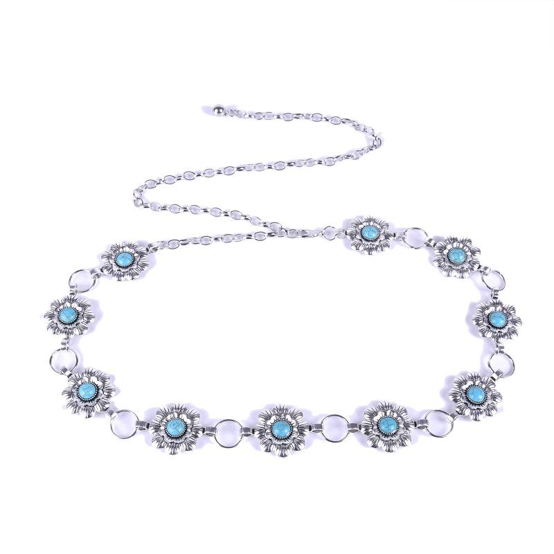 

Turquoise waist chain - women s versatile alloy chain with floral gemstone accents 115cm
