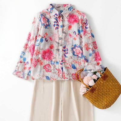 Spring Summer Artistic Temperament Design Sense Printed Shirt Women's Long Sleeved Loose Oversized Casual POLO Collar Shirt