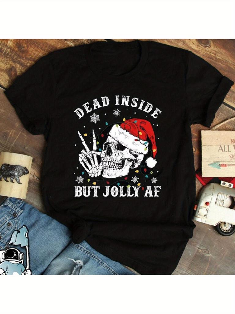 Dead Inside But Jolly AF Funny Skeleton Santa Hat Christmas unisex T-Shirt - Black Graphic Tee with Red Santa Hat & Cigarette - Soft Breathable Fabric