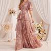 Women's V Neck Floral Print Ruffle Sleeve Tiered Maxi Dress