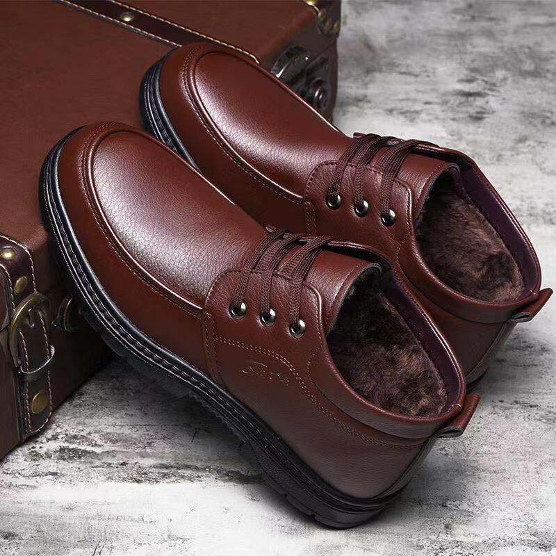 Herren Warme High-Top Winterstiefel: Dicke, mit Plüsch gefütterte Lederschuhe für Väter mittleren Alters und ältere Väter