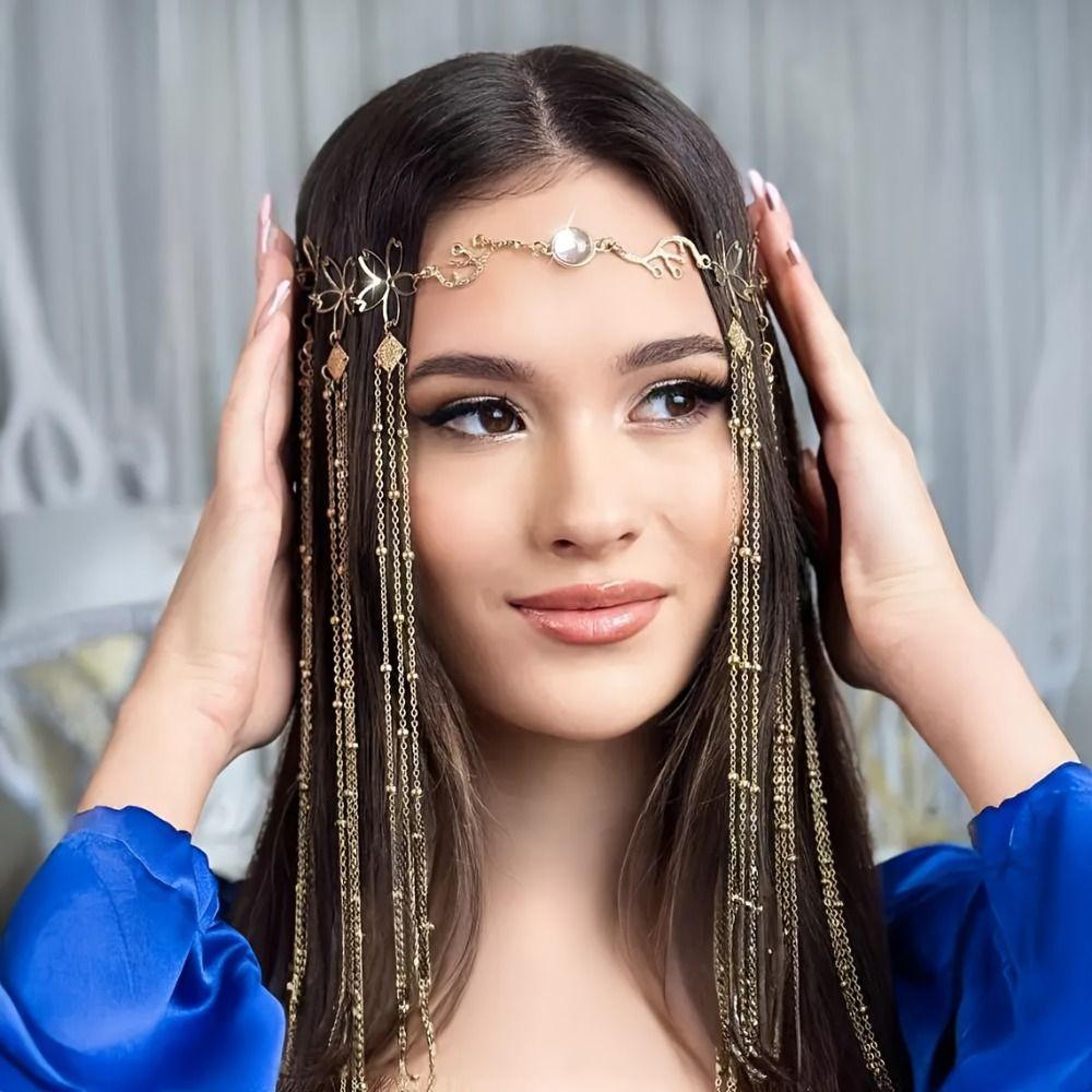 Golden Rhinestone Head Chain Long Tassel Forehead Chain Fashion Retro Hairpin  Women's Hair Jewelry