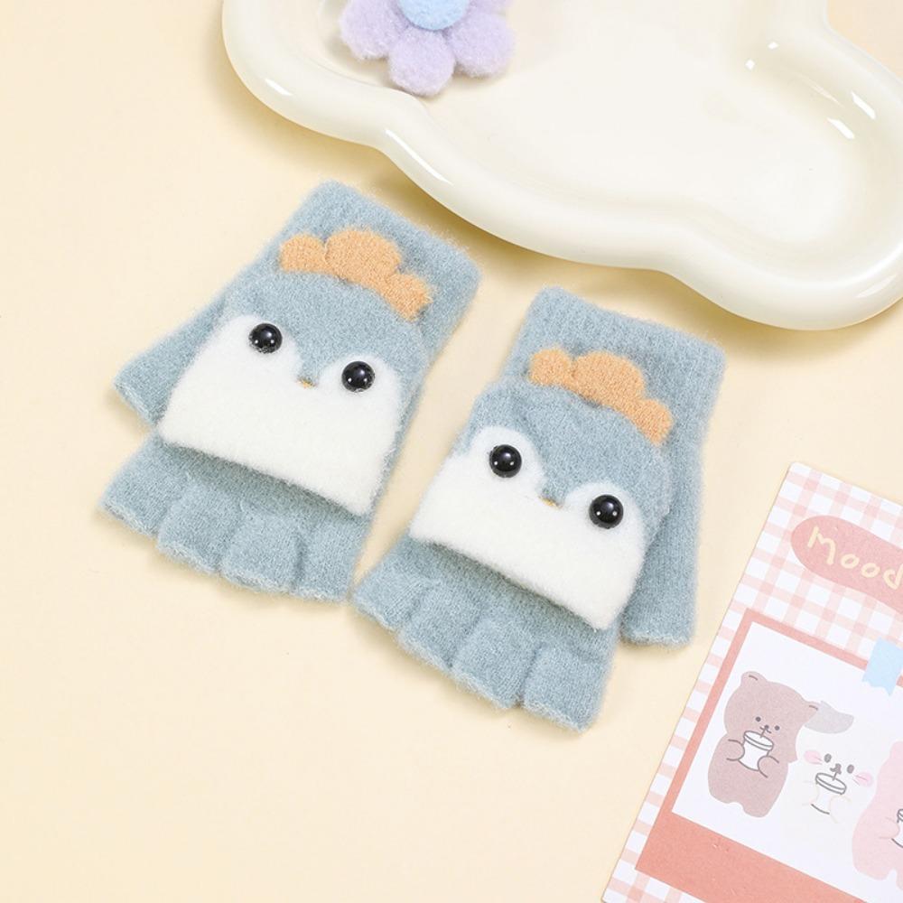 Winter Warm Children's Knitted Gloves Plush Thickened Cold Proof Students Write Outdoor Half Finger Flip Open Convenient Gloves