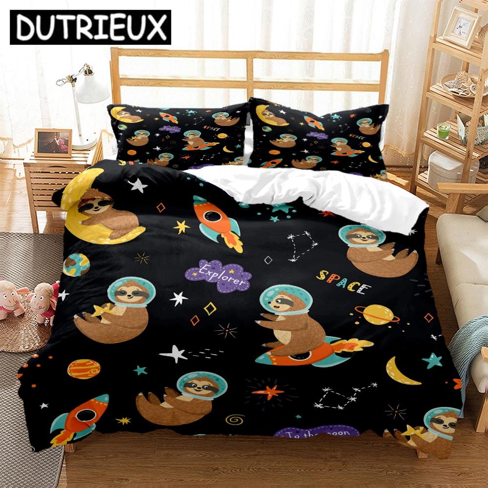 King/Double Size Hd Print Space Animals - Themed Bedding Set With Duvet Covers And Pillowcases For Children'S Beds