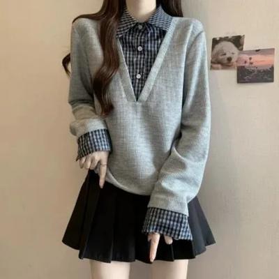 Fake Two-piece Plaid Splicing Fashionable Style Sweatshirt for Women Spring and Autumn Polo Collar Top