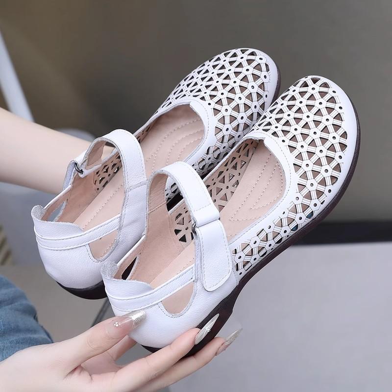 Fashion GKTINOO Genuine Leather Ladies Flats Summer Shoes Woman Plus Size Casual Loafers Hollow Round Toe Soft Comfort Sandals Female