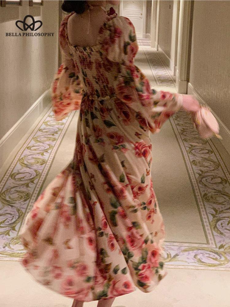 French Vintage Midi Dress Women Long Sleeve Casual Party Elegant Dress Blue Spring Beach One Piece Dress Korean Fashion