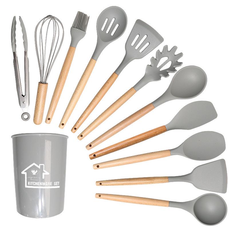 Silicone Kitchenware: 12-Piece Non-stick Spatula and Spoon Set with Wooden Handles for Cooking and Baking