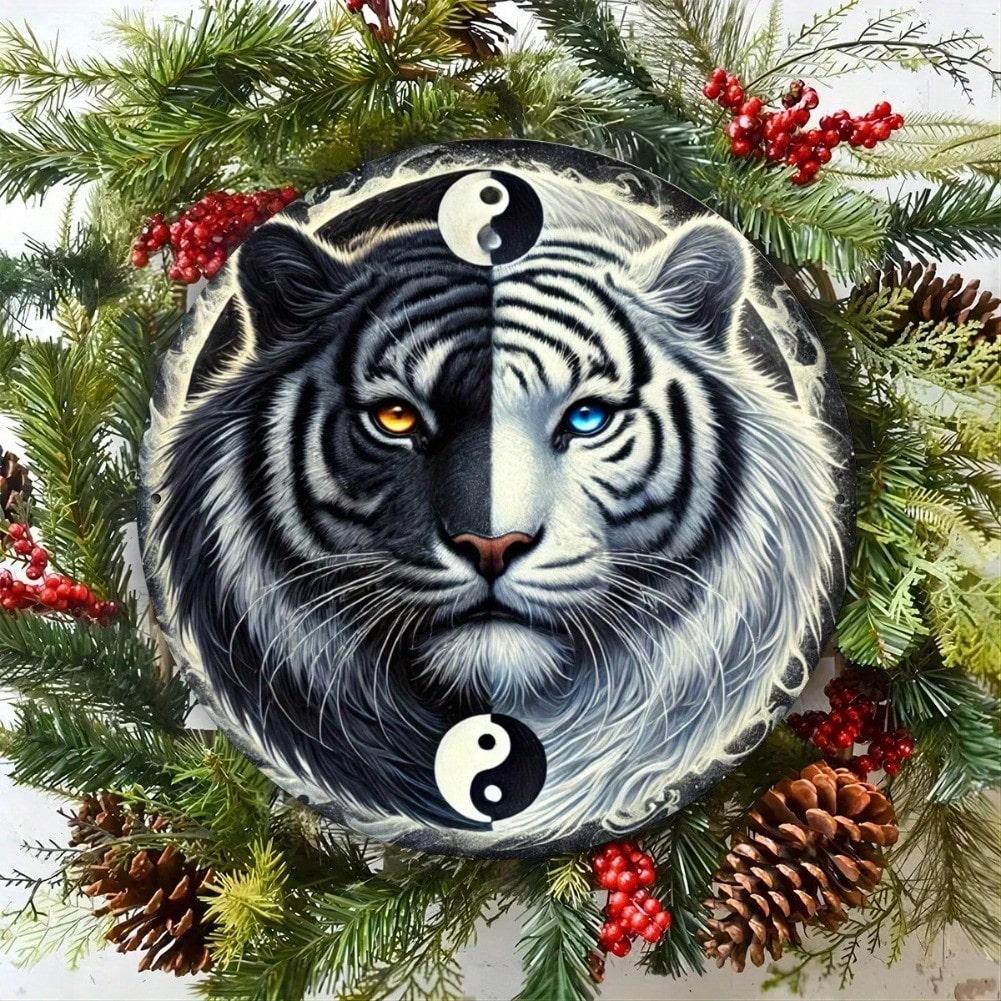 Vintage Tiger Metal Wall Art 8x8 Inch Round Black White Animal Decor 20x20