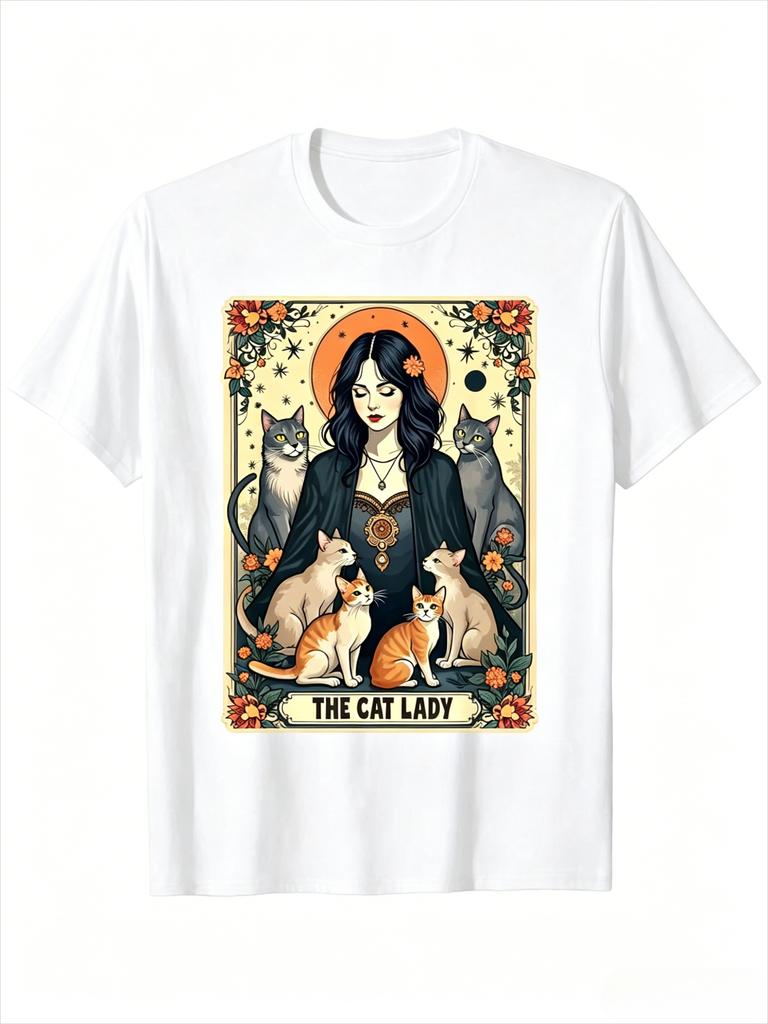 The Cat Lady Tarot Card Shirt Unisex Witchy Gothic Cat Mom TShirt Unisex Cotton Casual Round Neck Outdoor Short Sleeve TShirt