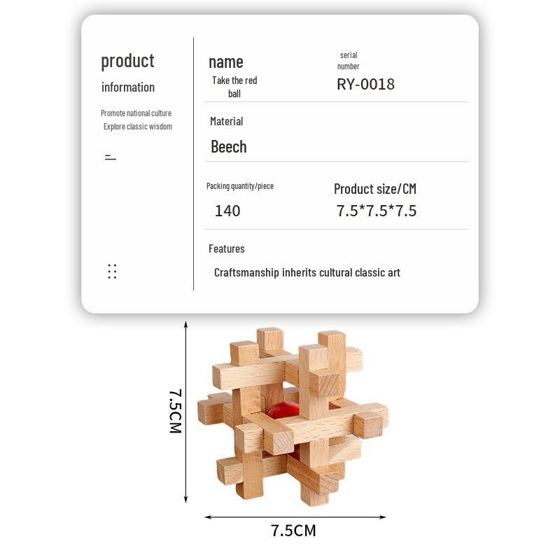 Red Ball Luban Zhuge Liang Lock: Challenging Mortise and Tenon Wooden Brain Teaser for Kids