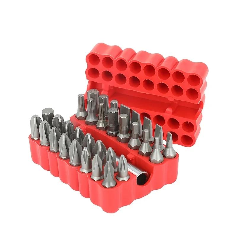 

33-Piece Security Bit Set with Magnetic Extension Bit Holder - Includes Tamper Resistant, Hexagon, Metric Hex and Star Bits красный
