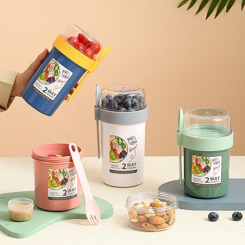 Portable Double-Layer Yogurt and Oatmeal Cup with Lid and Spoon for Salads and Nuts