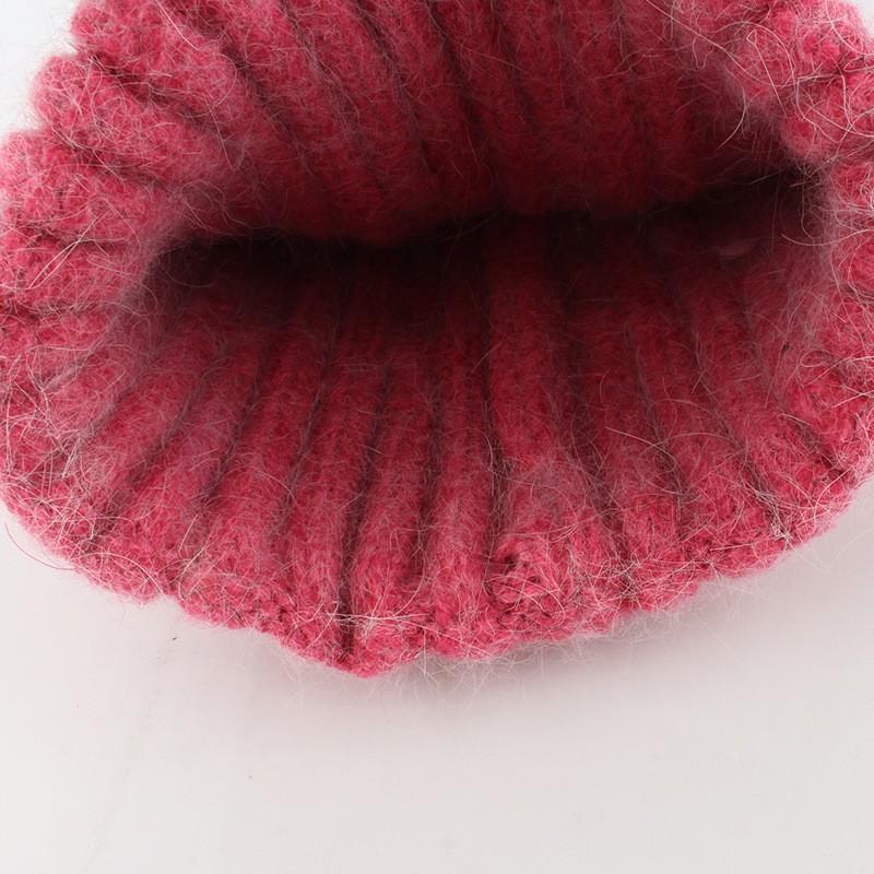 Womens Winter Angora Knit Beanie Hat With Long Rabbit Fur Trim Cable Rolled Edge Solid Color Warm Cozy