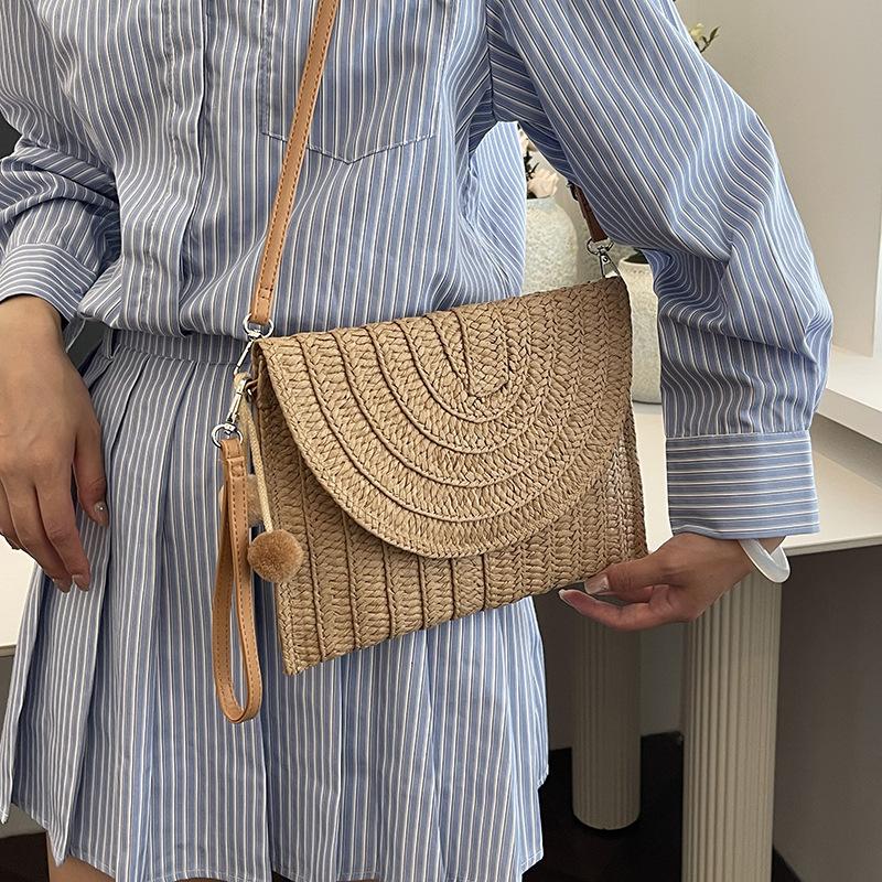 Summer Beach Straw Crossbody Bag with Cute Ball Pendant for Women Casual Wicker Shoulder Clutch Purse Travel Handbag Ladies