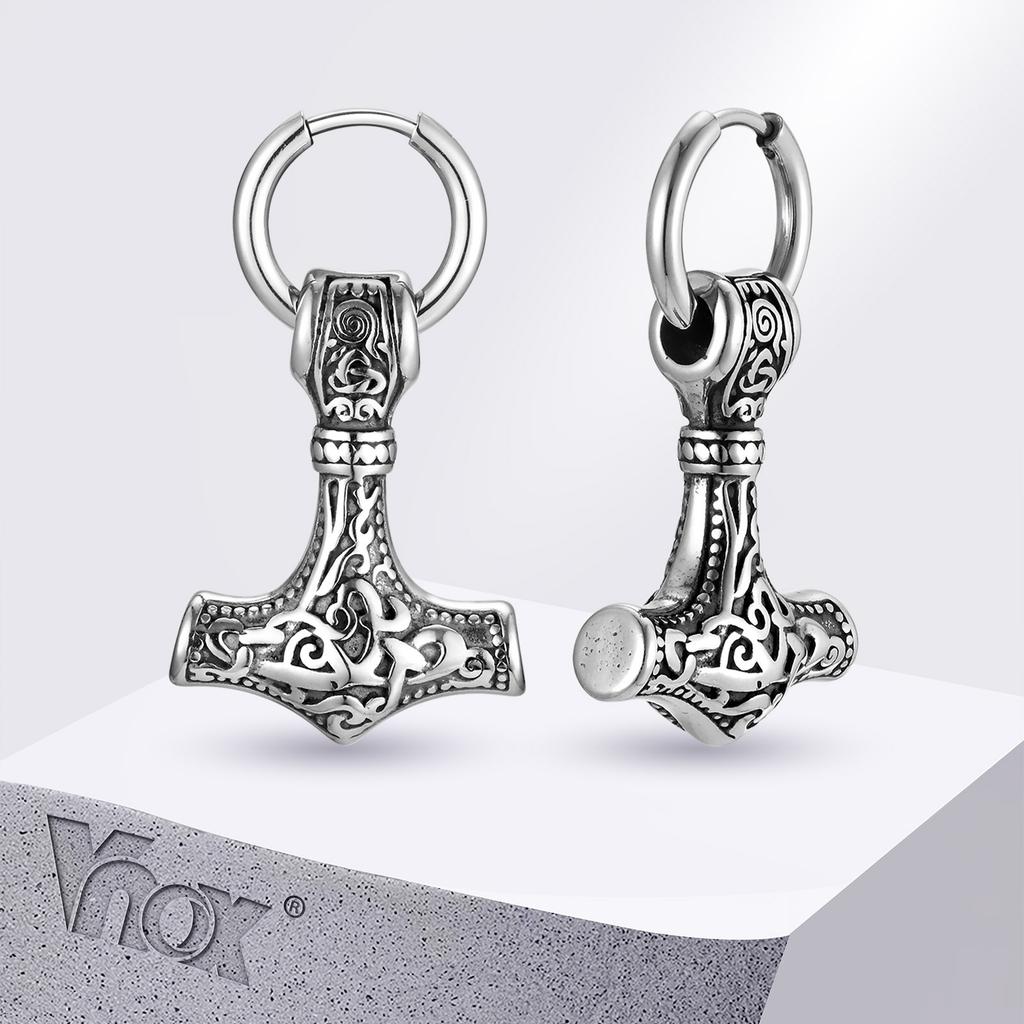 Vnox Heavy Viking Thor's Hammer Earrings for Men, Chunky Stainless Steel Punk Rock Earrings Jewelry Gift