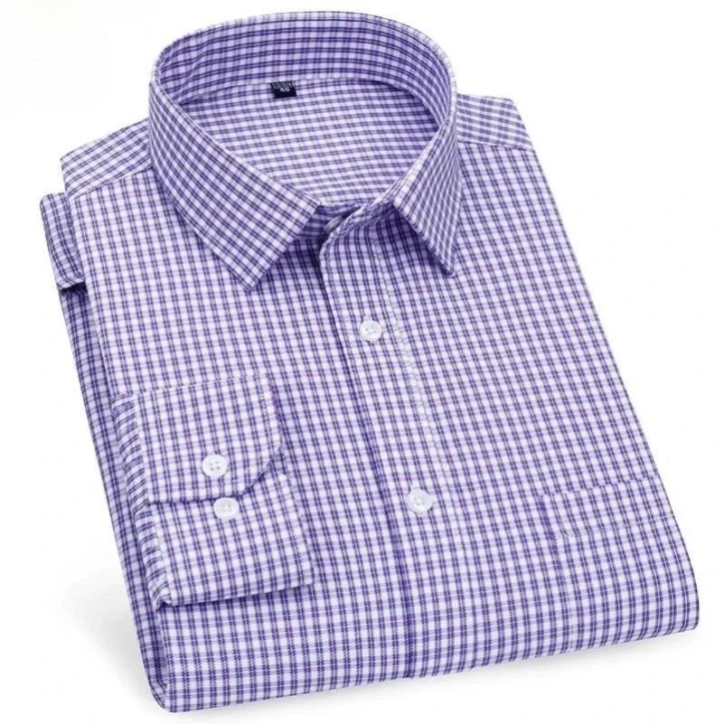 Striped Plaid Checked Men's Business Casual Shirts Regular Fit Long Sleeve White Blue Cotton Social Work Dress Shirts KOACUS