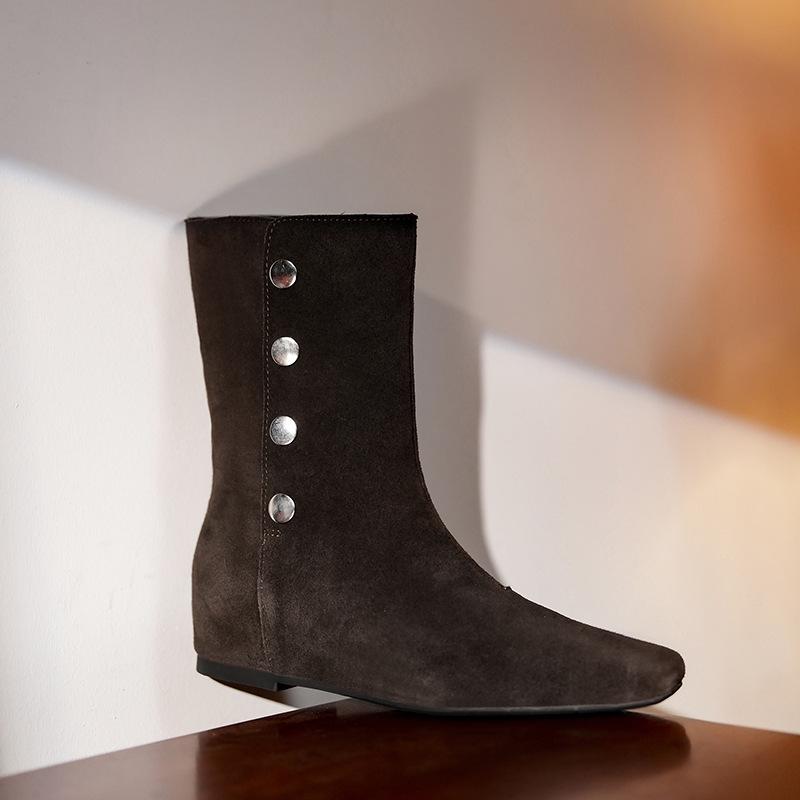 

Женские замшевые ковбойские ботильоны 2695-3: Квадратный носок, Плоский каблук, Широкое голенище, 4 см скрытый каблук, Универсальный воротник 36 коричневый