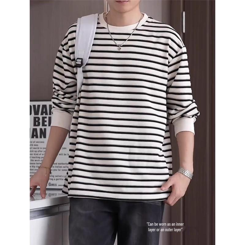 Men's Japanese Color Block Striped Long Sleeve Casual Sweatshirt - Autumn Versatile Base Layer Pullover.