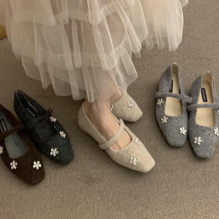 Inner height increase retro evening breeze temperament rhinestone word with Mao Mao single shoes women's shoes autumn and winter with skirts Mary