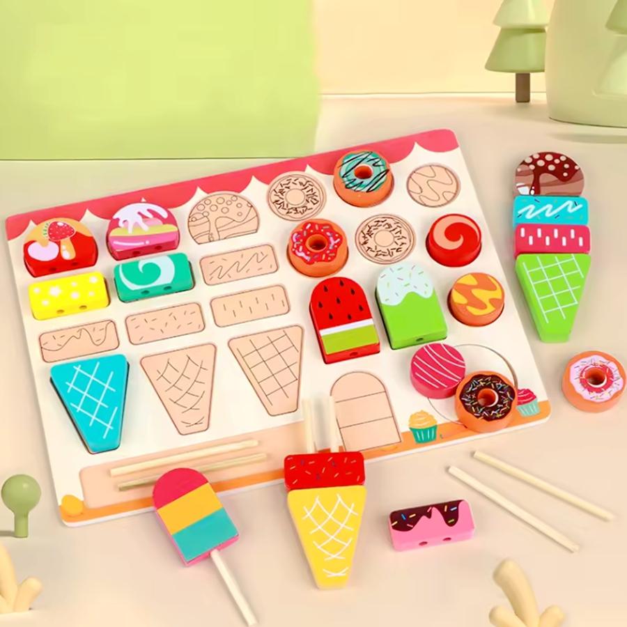 Wooden DIY Desserts Toy Montessori Simulated Kitchen Pretend Play Toy Fruit Skewer Ice Cream Birthday Party Gift For Toddler