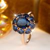 Vintage Oval Blue Crystal Flower Rings for Women Luxury Golden Ring Bride Wedding Jewelry Party Gift