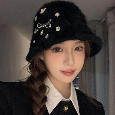 Korean Drama Heroine Furry Basin Hat Rhinestone Bow Plush Bucket Fisherman Hat Women Winter Small Face