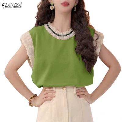 Women Casual Round Neck Summer Lace Splice Sleeveless T-shirt