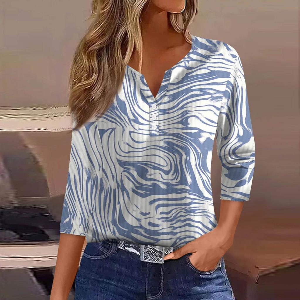 Damen T-Shirt Print Button 3/4 Ärmel Tunika Alltag Wochenendmode Basic V-Ausschnitt Normales Oberteil